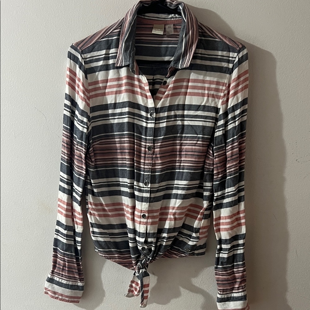 Roxy Striped Tie-Front Shirt in Black, White & Pink
